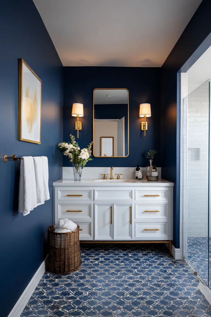 A bright bathroom featuring a dark navy blue accent wall, a white vanity with brass hardware, a gold mirror, and blue patterned floor tiles.