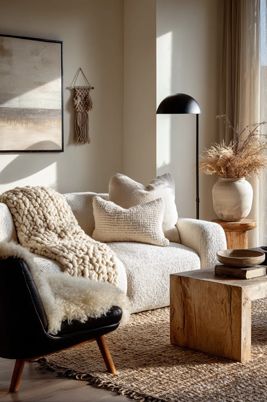 A cozy living room corner featuring a heavily textured white boucle sofa draped with a thick, chunky knit blanket. A black leather chair with a fluffy white sheepskin throw sits opposite a rustic, raw wood block coffee table. A simple black floor lamp stands against the white wall next to a large ceramic vase holding dried grasses.