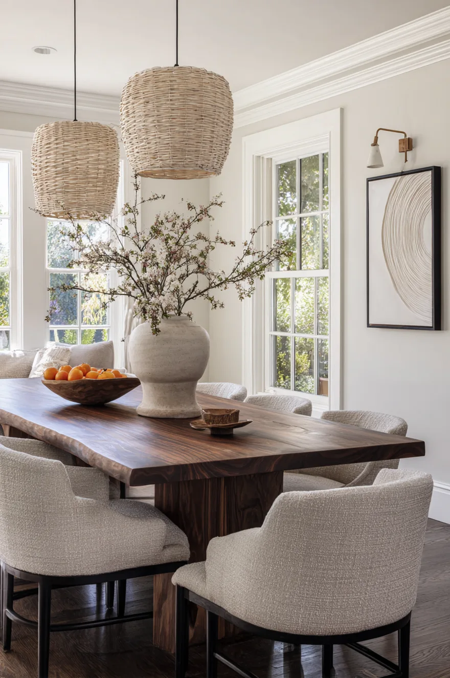 High-end walnut dining table featuring a geometric architectural base and visible natural wood grain.