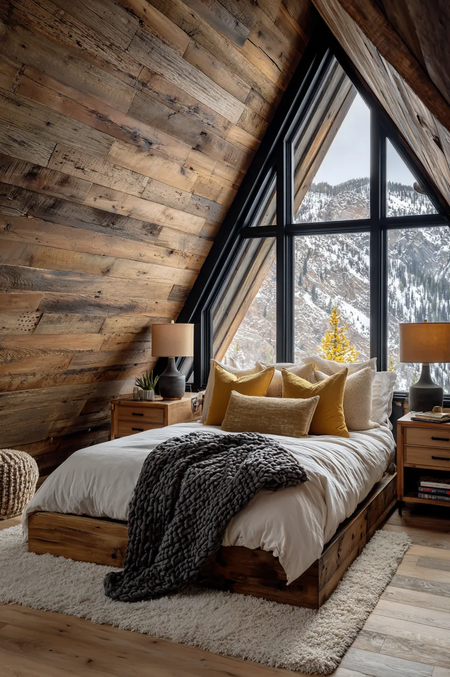 A dramatic A-frame attic bedroom featuring a massive floor-to-ceiling triangular window that looks out onto snowy mountains. The room has rustic wood-paneled walls and a low wood platform bed dressed in white bedding with mustard yellow pillows and a dark grey chunky knit throw.