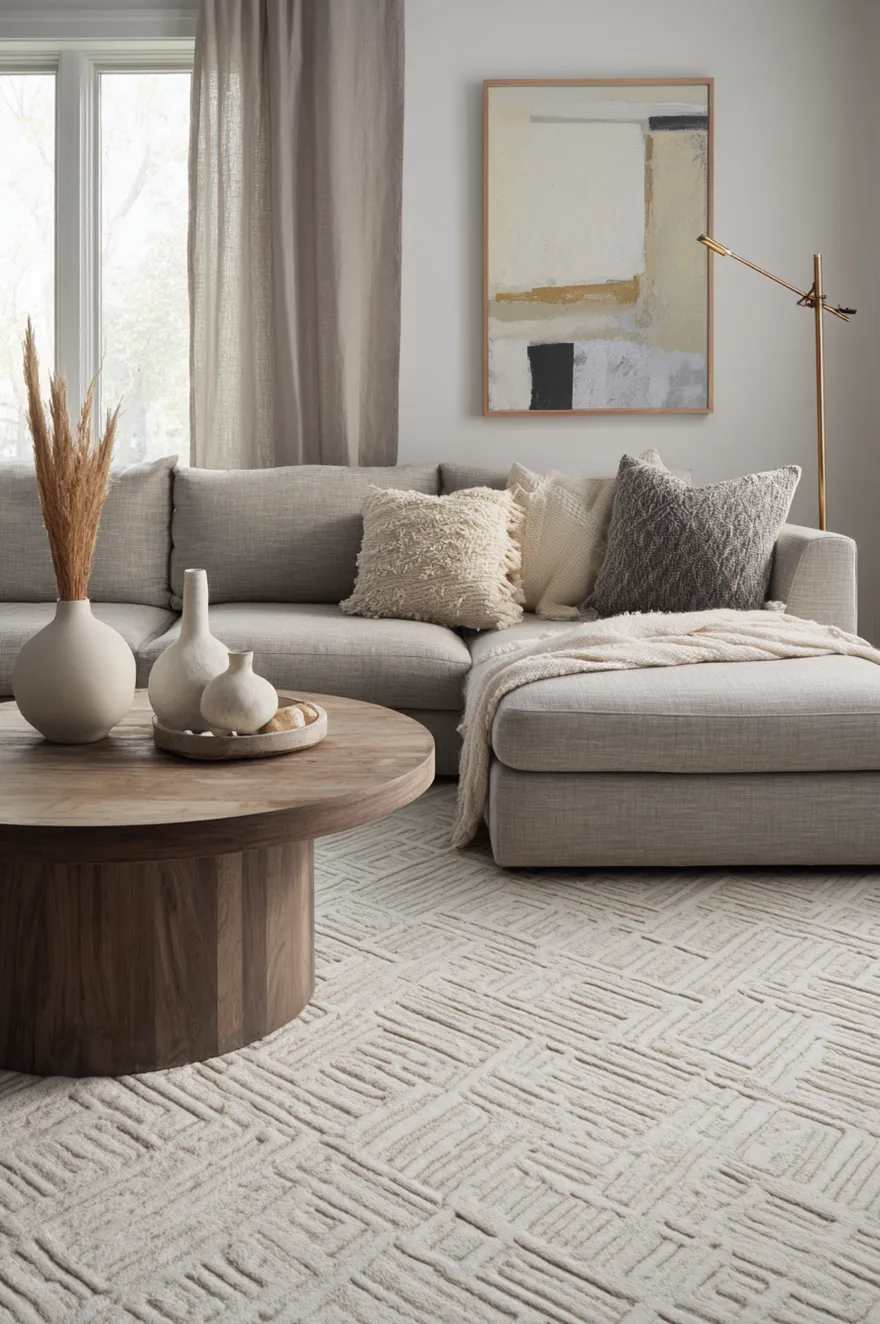 A subtle geometric patterned area rug in light cream and grey, styled beneath a modern grey sofa and a round wooden coffee table.