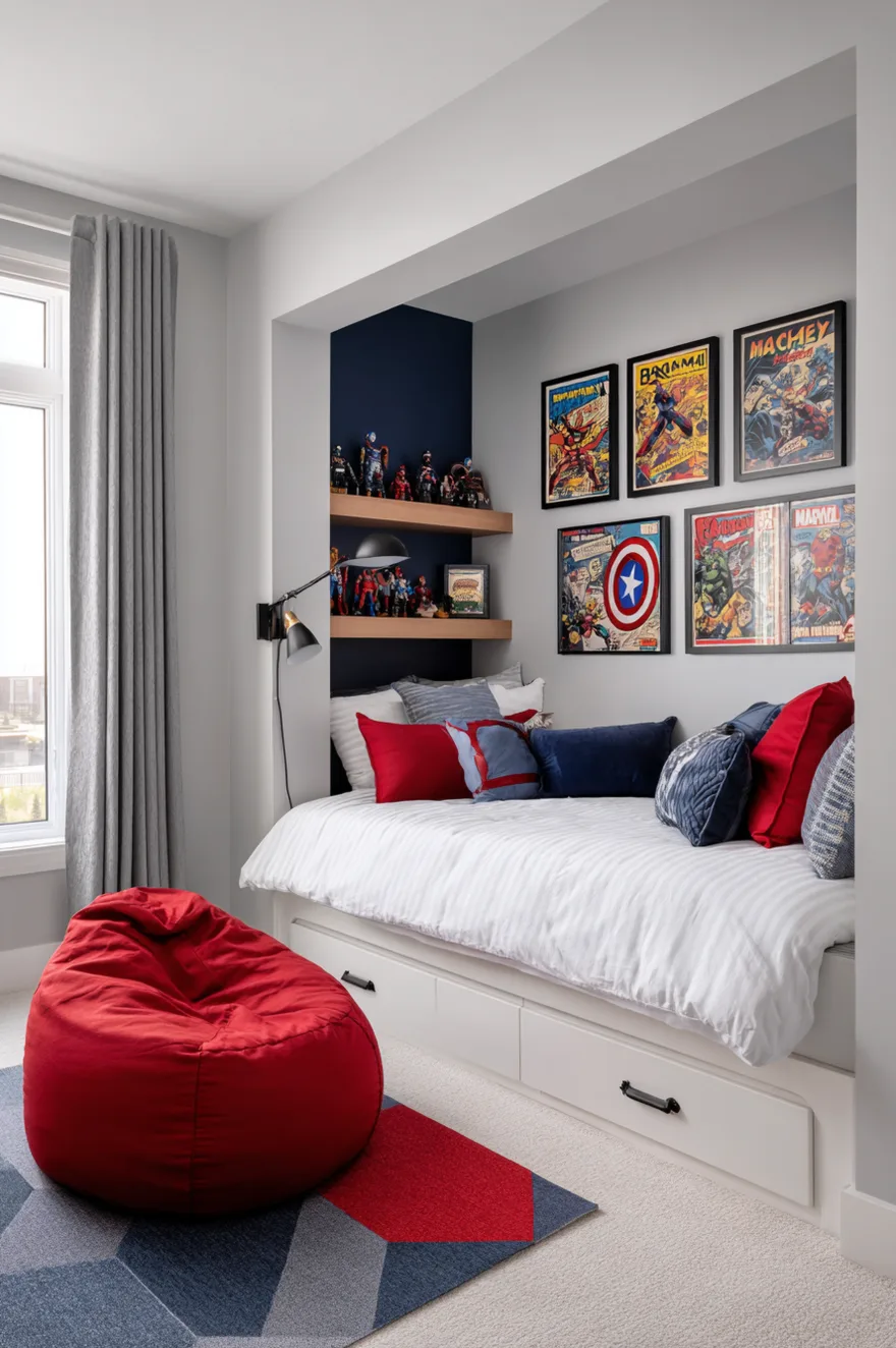 A superhero themed boys bedroom featuring framed vintage comic book covers on a white wall above a grey bed. The bed is styled with red, white, and blue pillows and a cozy grey blanket.