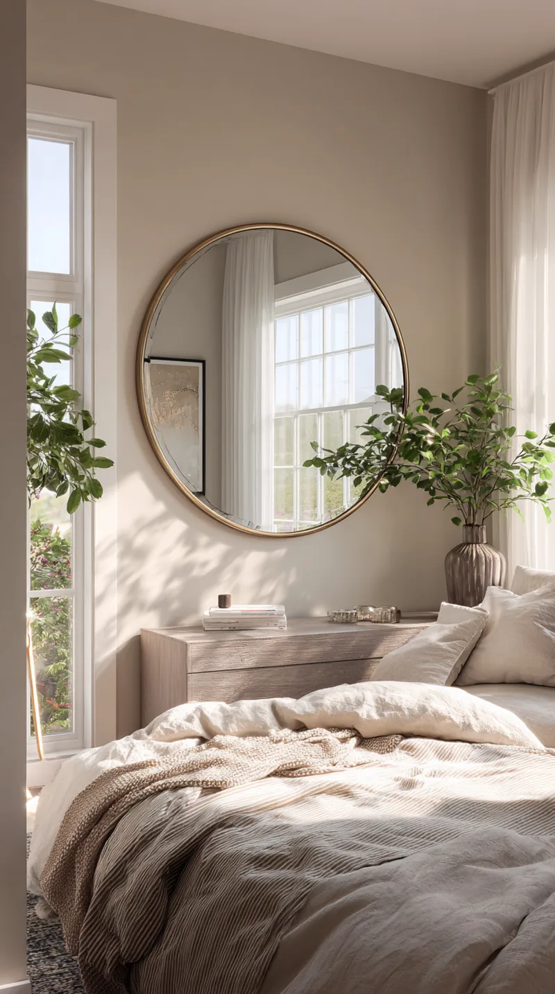 Large round brass mirror hanging above a dresser reflecting a window in a bedroom.