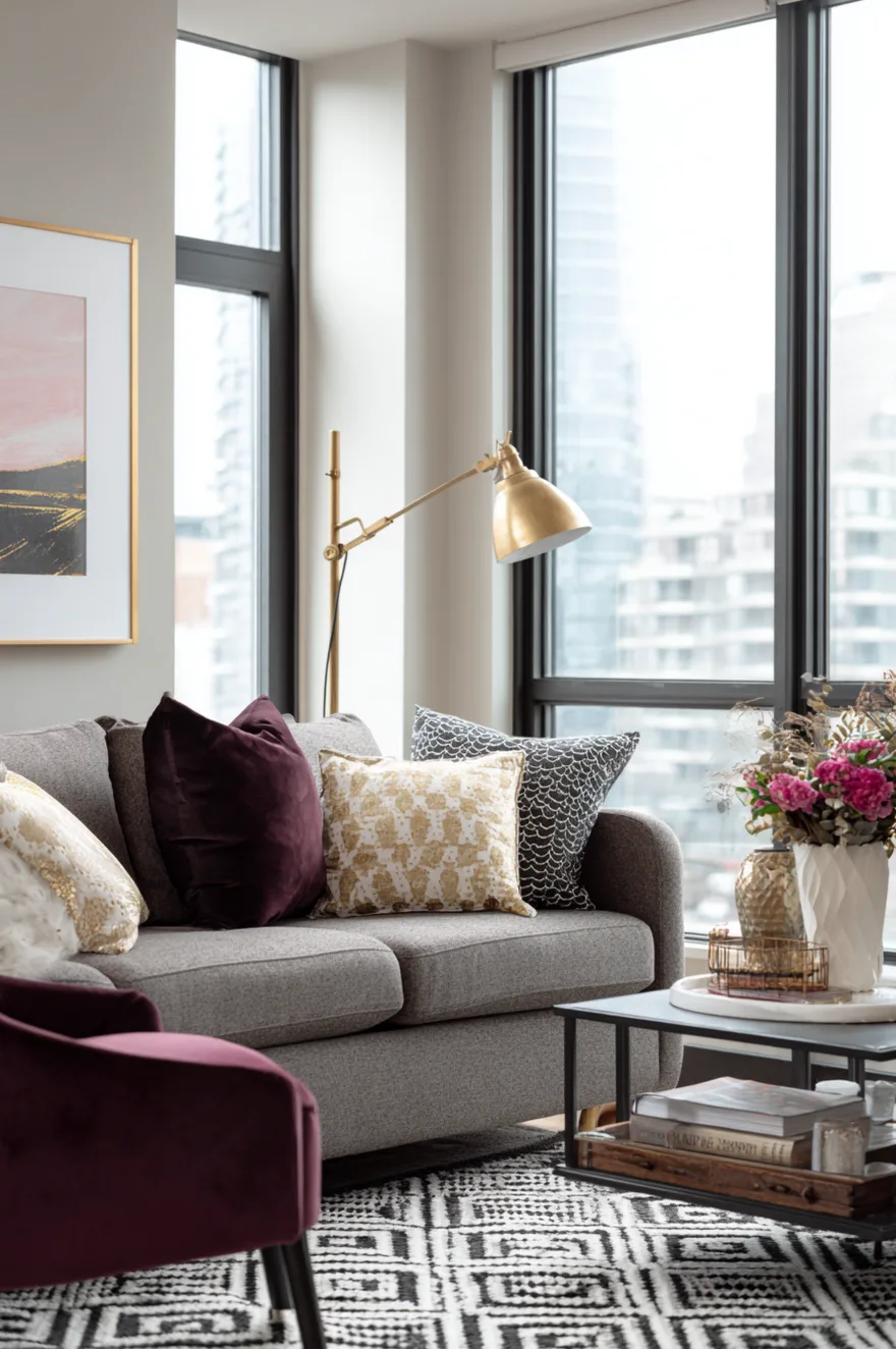 Modern grey sofa styled with a deep plum velvet pillow and two gold and white geometric patterned throw pillows. A black metal coffee table holds a white tray, brass decorative objects, and a white vase with pink flowers. A brass swing-arm floor lamp provides light near large windows, all resting on a black and white geometric rug.