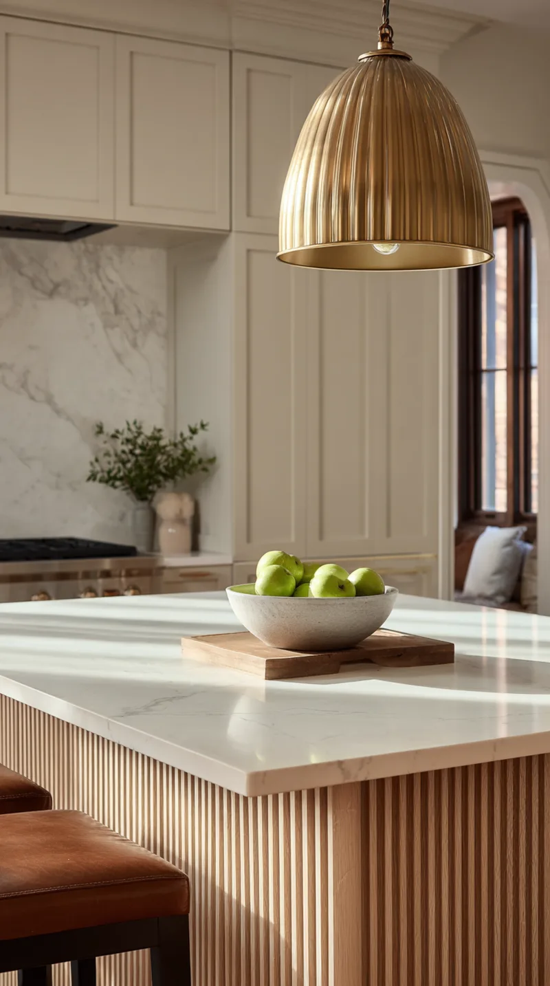 Kitchen island with white oak fluted wood paneling detail and a thick marble countertop.