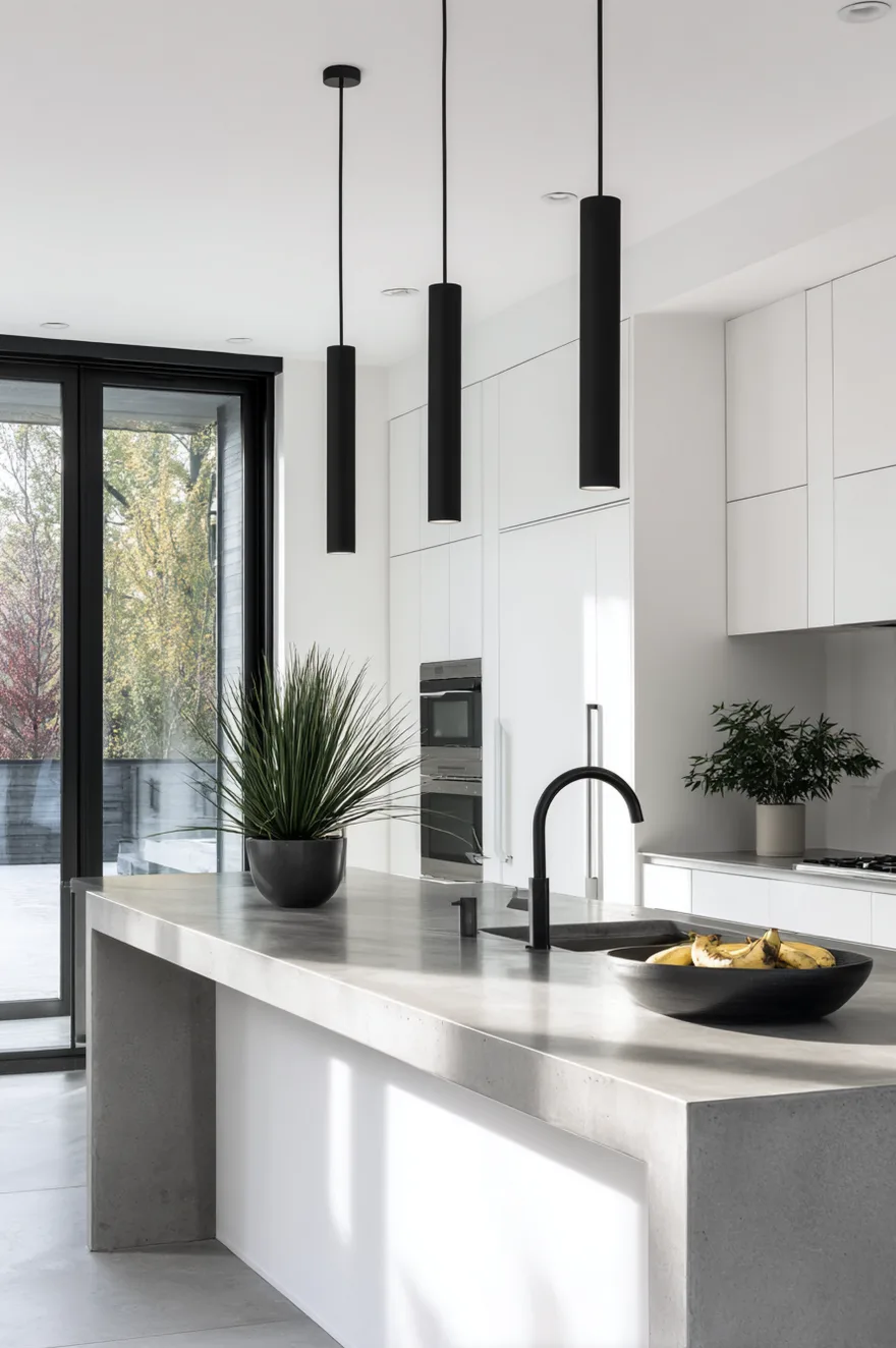 Sleek black cylinder kitchen pendant lights over island in a minimalist concrete and white kitchen.