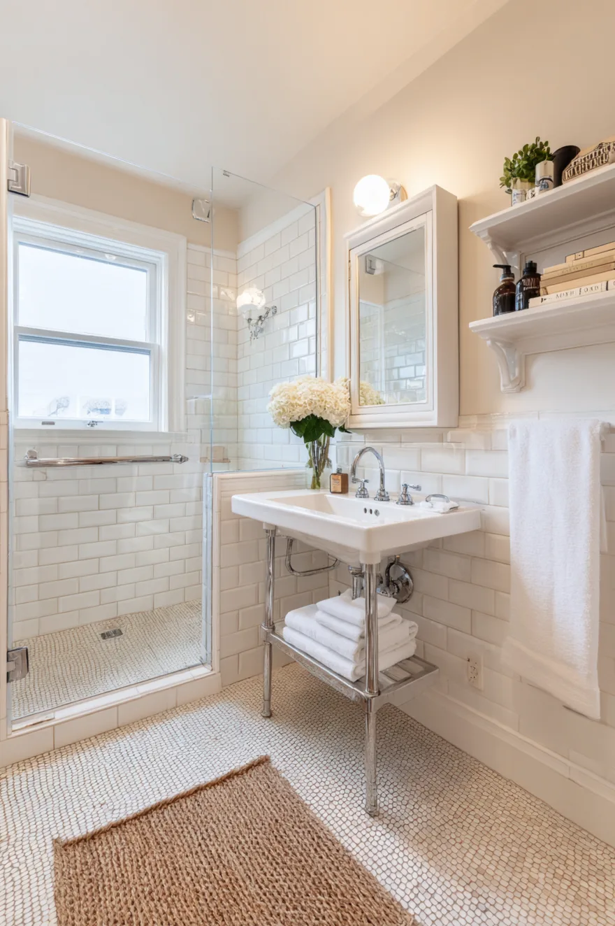A close view of a bathroom floor featuring small white and grey marble mosaic tiles, highlighting the textured surface and grout lines.