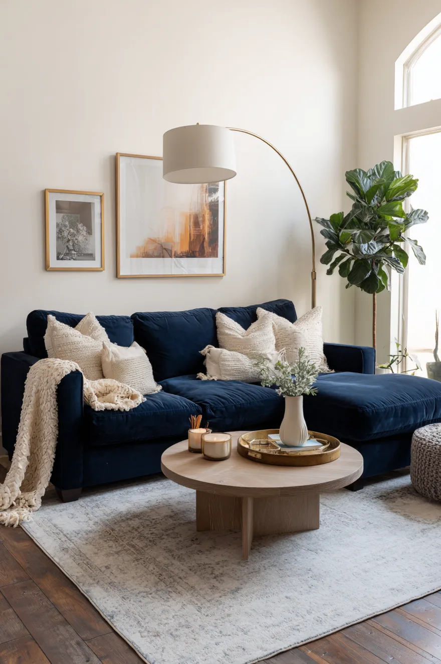 A deep navy blue velvet sectional sofa decorated with textured cream pillows, sitting on a light grey rug with a round wood coffee table, a gold floor lamp, and a large indoor plant.