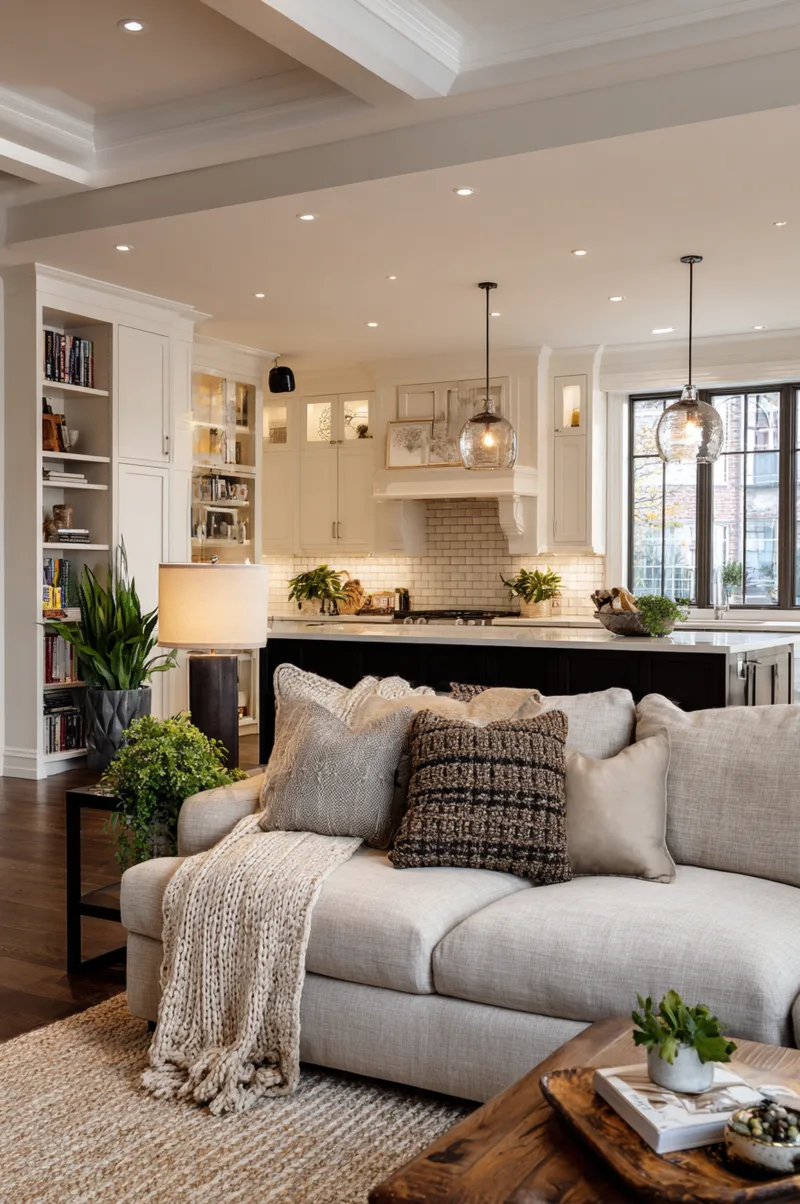 Cozy open kitchen and living room layout with layered lighting strategy using glass pendants and warm table lamps.