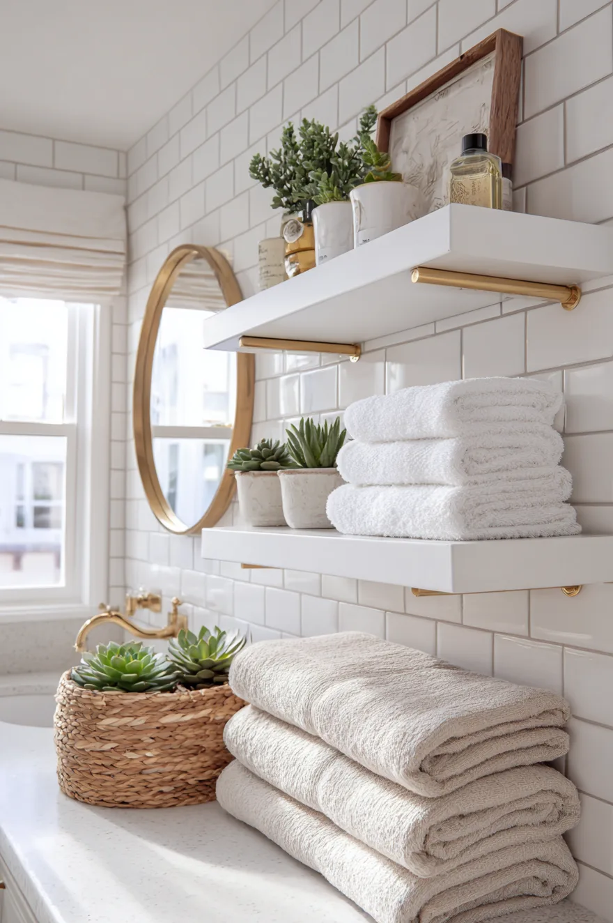 Two white floating shelves mounted with brass brackets on a white subway tile wall. The top shelf holds small decorative plants, glass bottles, and a wood-framed picture. The bottom shelf holds a neat stack of folded white towels. Below on the white counter, a woven basket holds green succulents next to a stack of beige towels.
