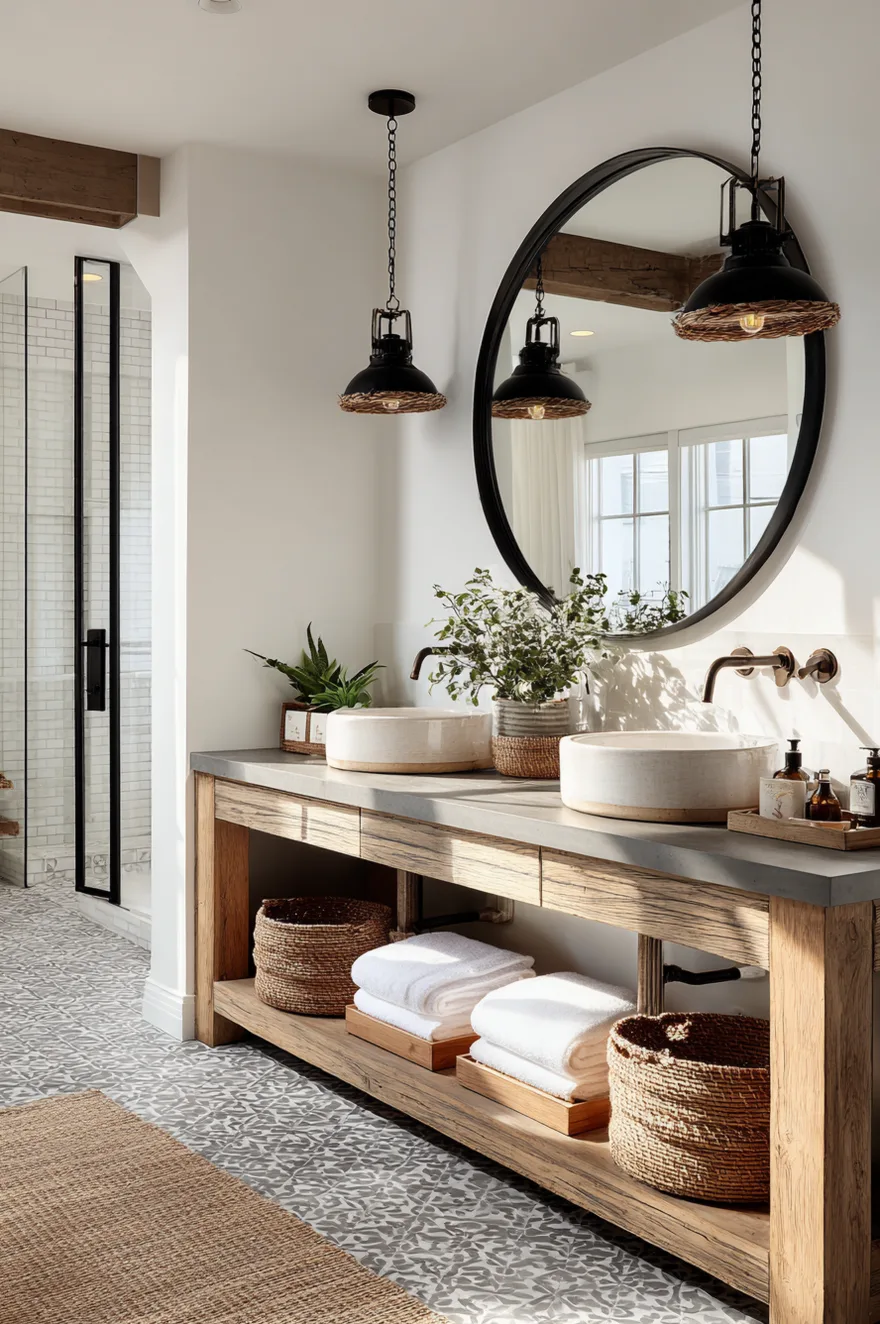 A rustic bathroom design featuring a chunky wood vanity table with a grey concrete-look countertop. Two round stone vessel sinks sit beneath a large round black-framed mirror. The vanity has an open lower shelf holding folded white towels and woven baskets, illuminated by black woven pendant lights.