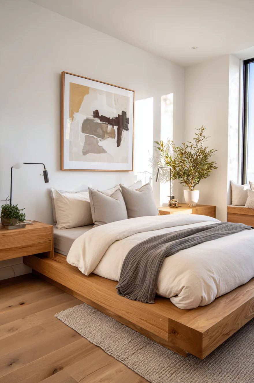 Minimalist bright bedroom with white walls and a low-profile light oak platform bed featuring integrated side tables. The bed is styled with white and light grey linens and a dark grey ribbed throw. A large abstract painting hangs above the bed, while small black reading lamps provide task lighting.