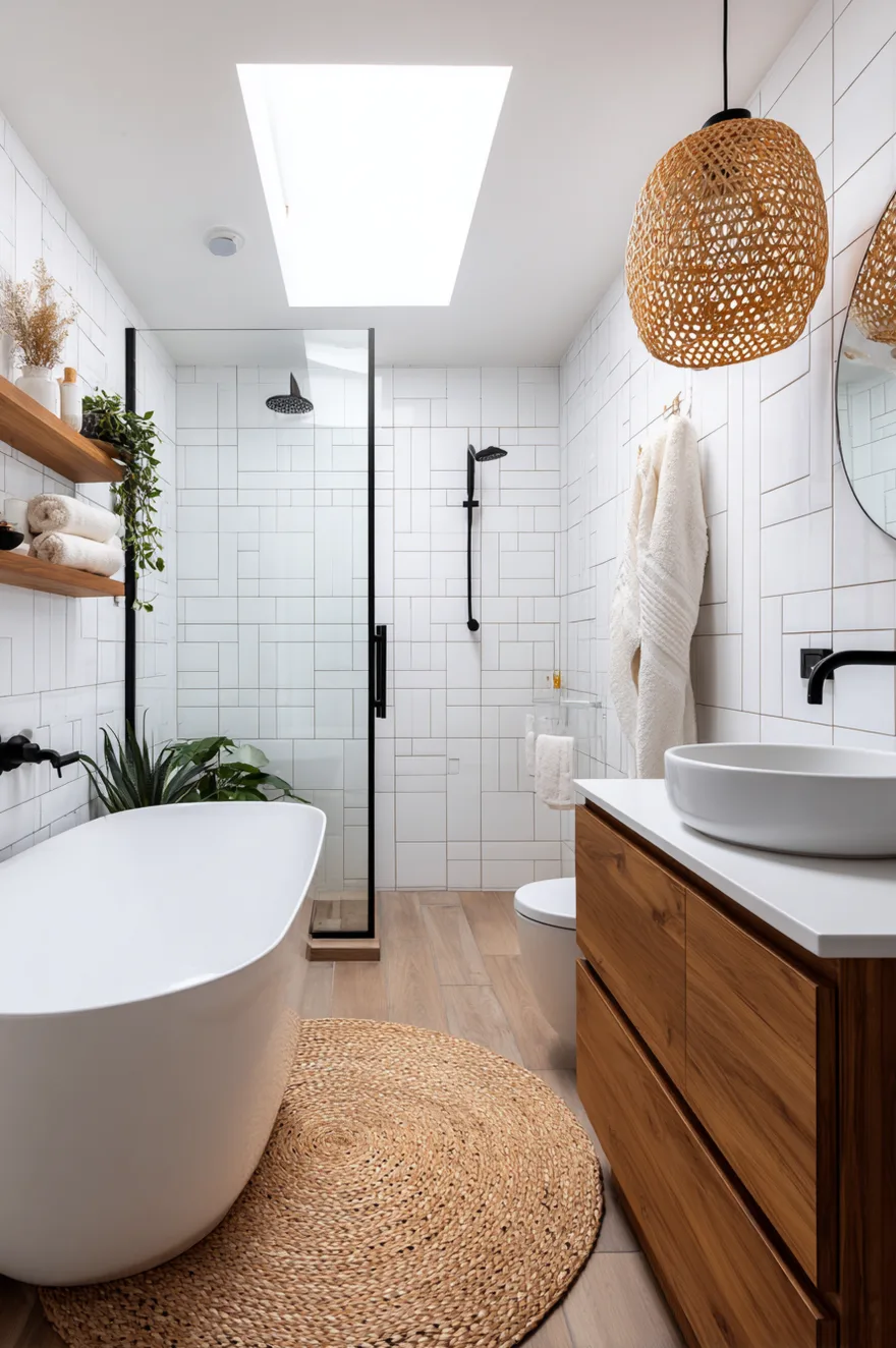 A bright, airy bathroom illuminated by a skylight. The walls are covered in white rectangular tiles laid in a stacked pattern. A white freestanding bathtub sits on a round woven jute rug. The walk-in shower features black fixtures and a simple glass panel. Two floating wood shelves hold towels and plants above the tub.