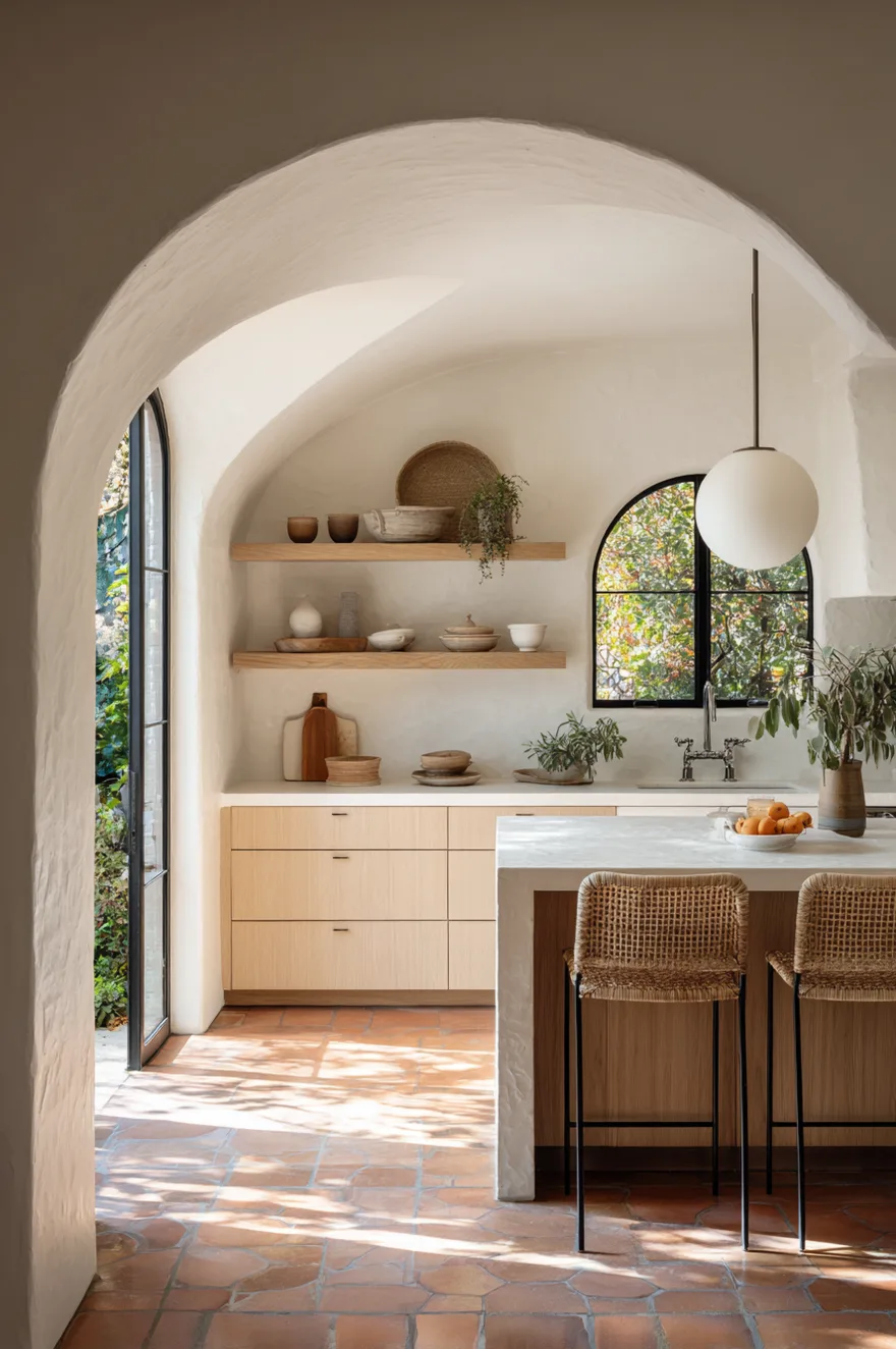 A smooth white plaster archway framing a kitchen with light flat-panel oak cabinets, white counters, zellige tile backsplash, and terracotta floor tiles.