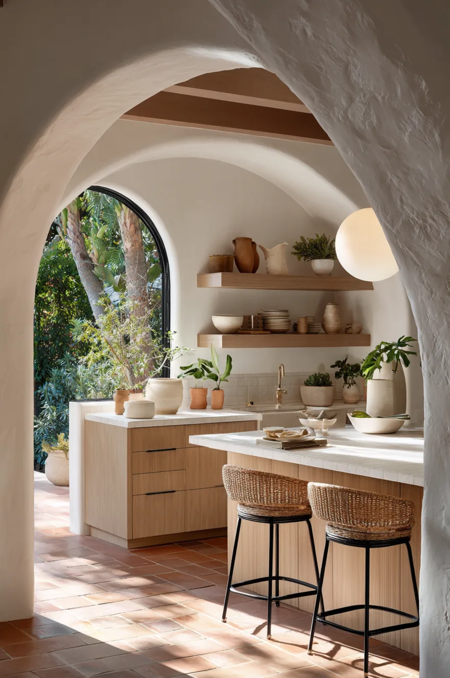 A close view through a plaster arch into a kitchen with light wood cabinets, open shelving filled with ceramics, and woven counter stools at a white island.