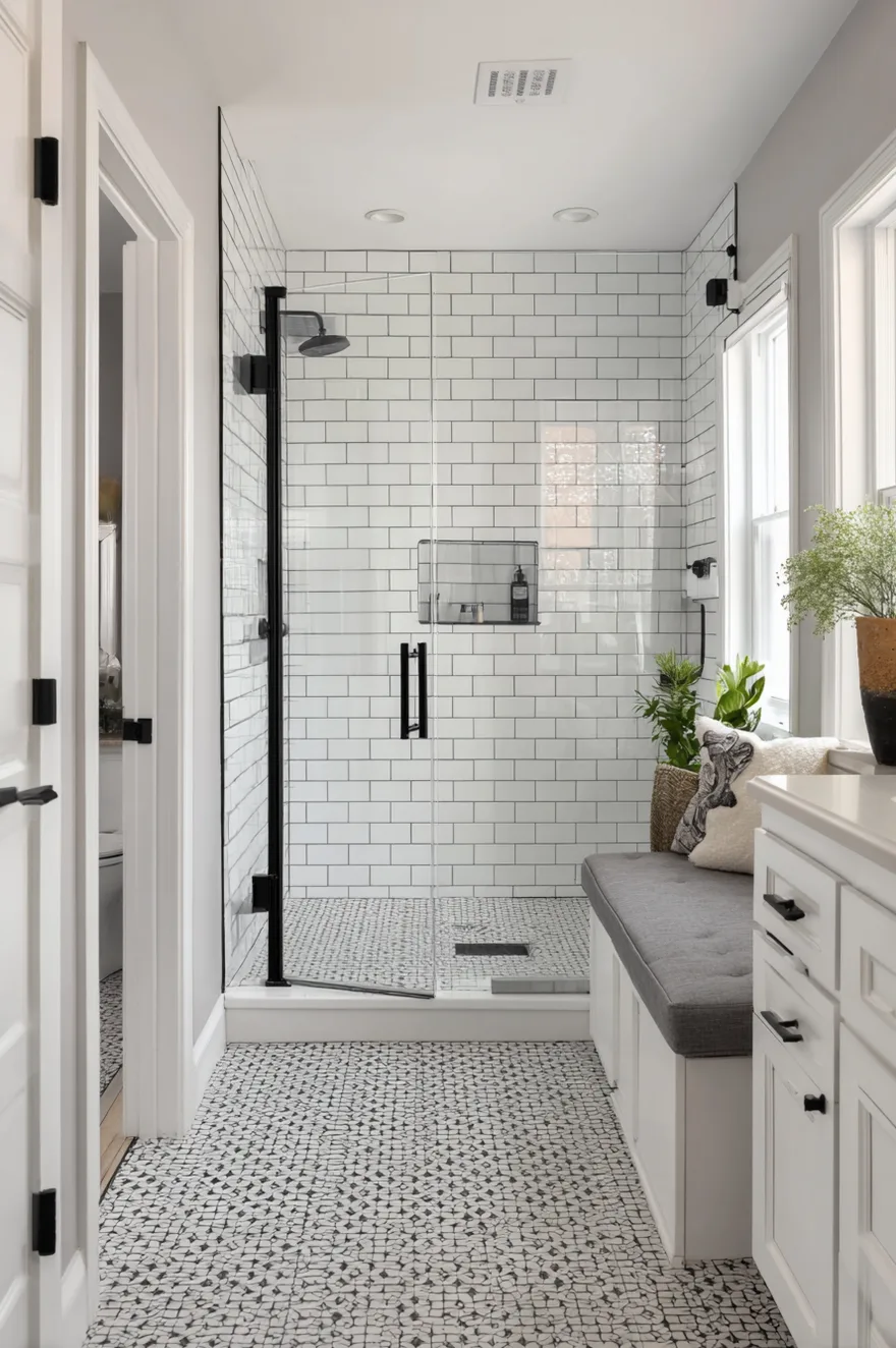 A narrow bathroom where a bathtub has been converted into a walk-in shower featuring white subway tiles and black fixtures, accompanied by a small gray upholstered bench and patterned floor tiles.