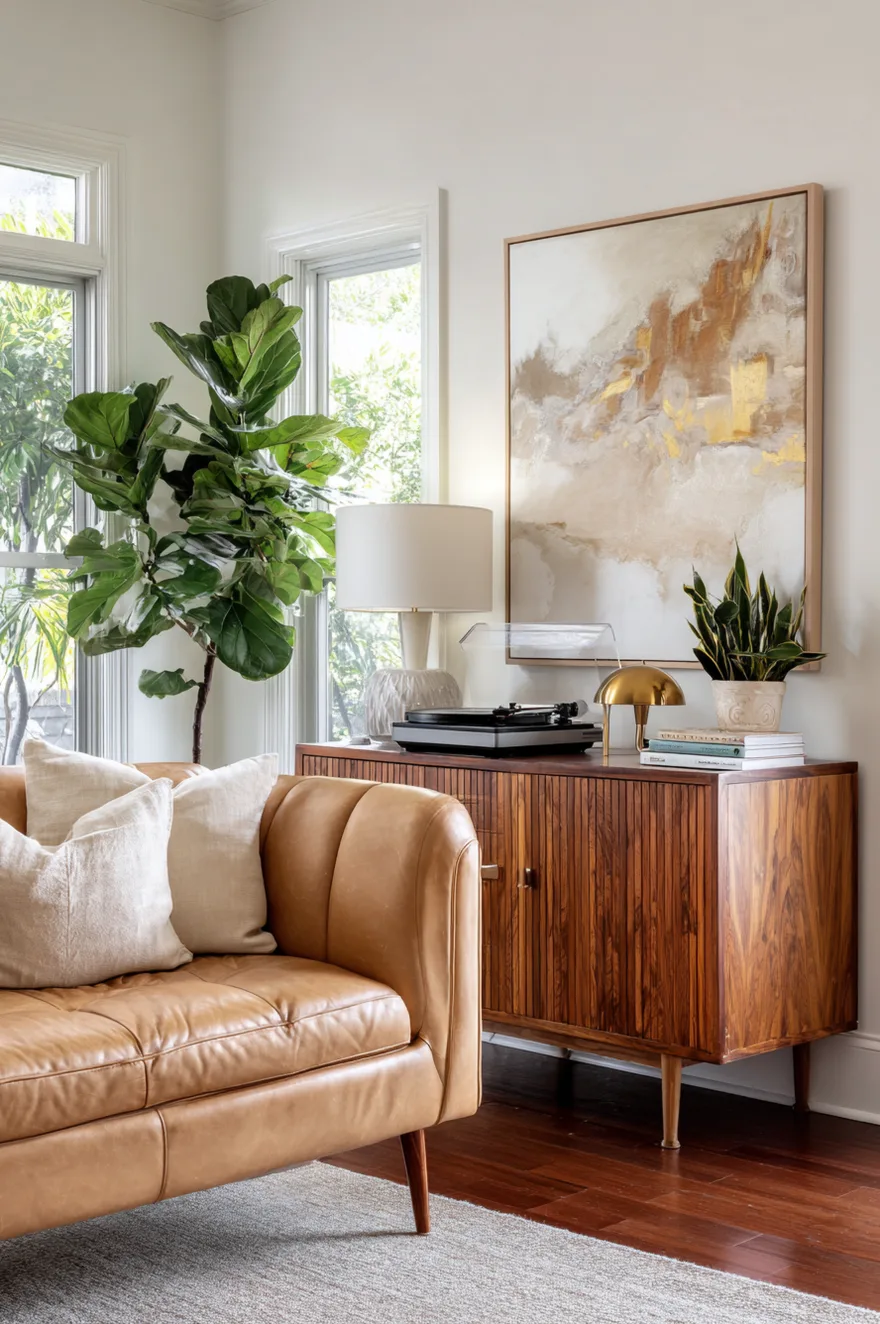 A bright corner of a living room featuring a tan leather sofa, a tall fiddle leaf fig plant, and a mid-century wooden console table holding a record player. A large framed abstract canvas with beige and gold tones hangs on the white wall.