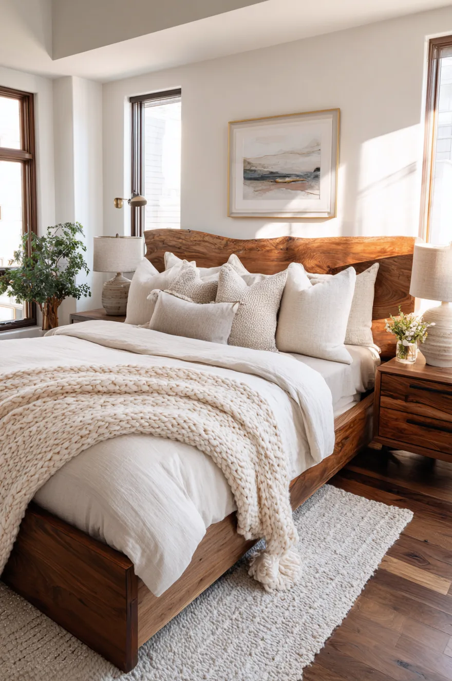Modern bedroom featuring a live-edge natural wood headboard and matching nightstands adding warmth to white walls.