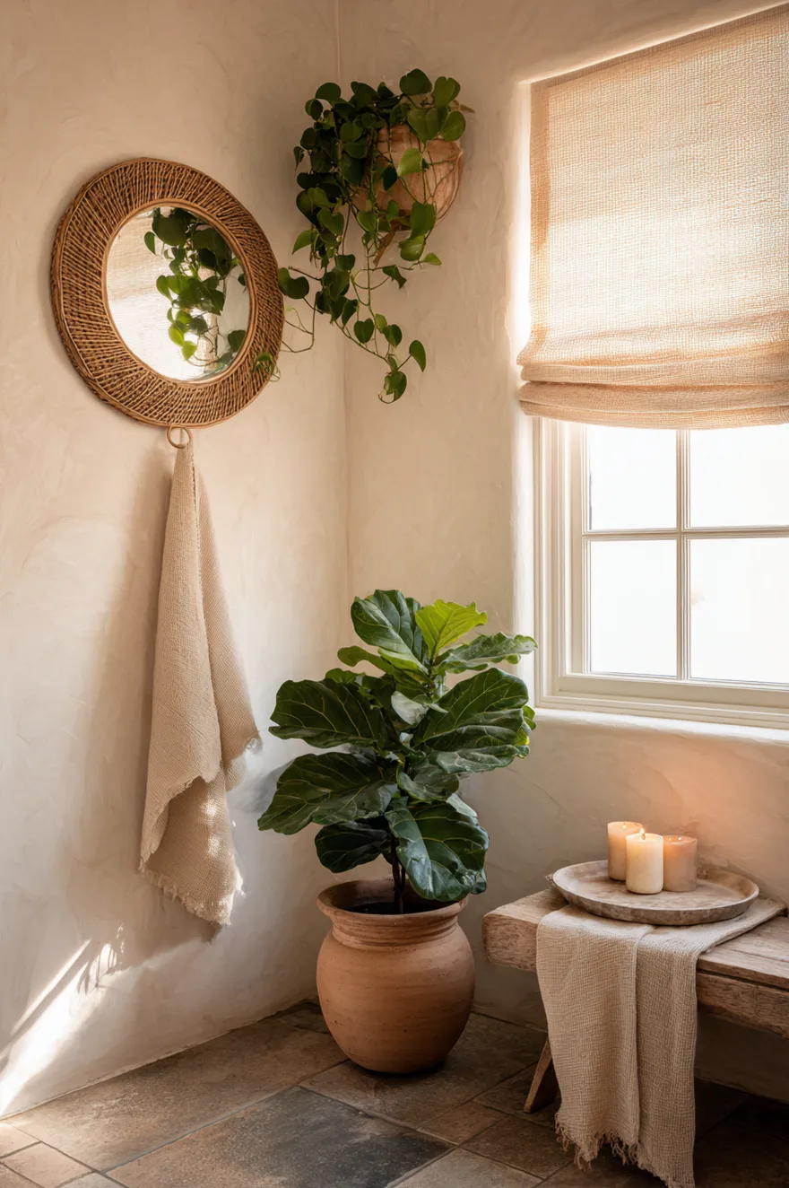 Warm-white plaster botanical bathroom with a trailing pothos, potted fiddle-leaf fig in a terracotta cachepot, round rattan mirror, and linen window shade in morning light.