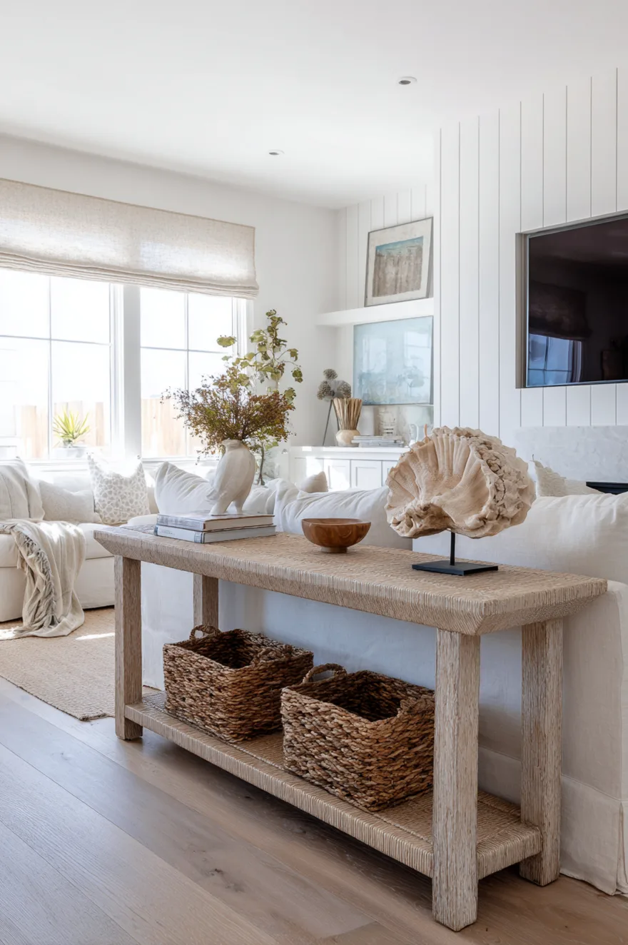 Bleached rattan console with woven grass baskets, a driftwood sculpture, and a white shiplap accent wall behind the TV in a bright coastal living room.