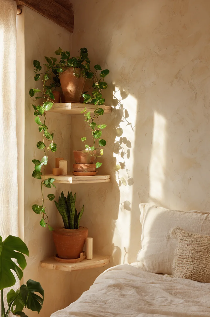 Tiered pale birch corner shelf system in a bohemian bedroom holding a trailing string of pearls, a snake plant, and a small monstera in terracotta pots against a limewash wall.