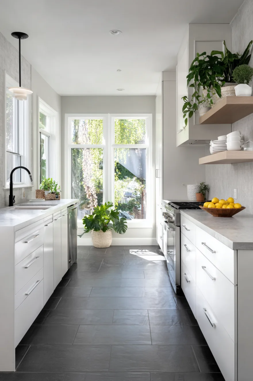 Matte charcoal large-format dark tile kitchen floor with minimal grout lines under white upper cabinets and a pale quartzite countertop in bright natural daylight.