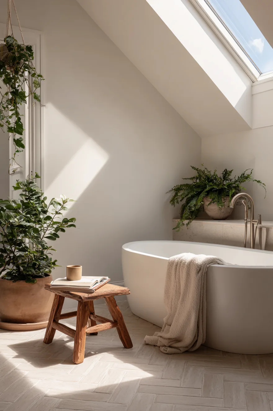 Matte white cast-iron freestanding soaking tub positioned off-center under a skylight on a herringbone terra cotta tile floor with a low wooden stool beside it.