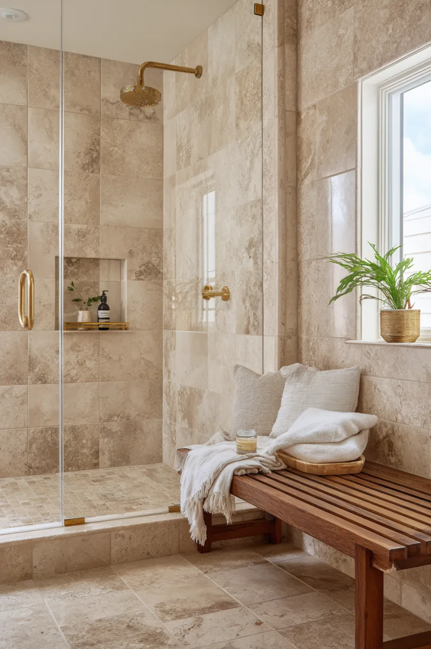 Wall-mount brushed satin gold fixtures against a honed travertine tile shower surround with a frameless glass panel, teak bench, and folded white linen towels.