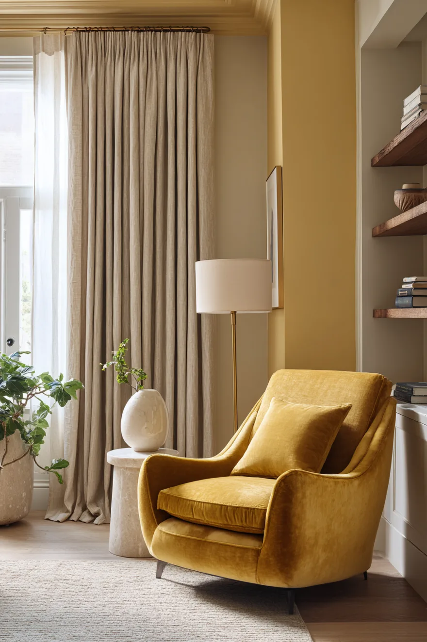 Three shades of yellow stacked from pale lemon ceiling to citrine walls to a deep ochre velvet accent chair in a tonal monochromatic yellow living room.