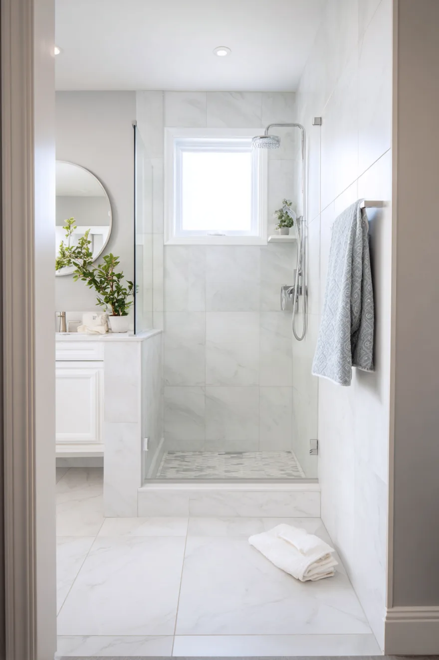 Small bathroom walk in shower with curbless doorless entry, large-format white tile on floor and walls, recessed niche, and chrome linear drain.