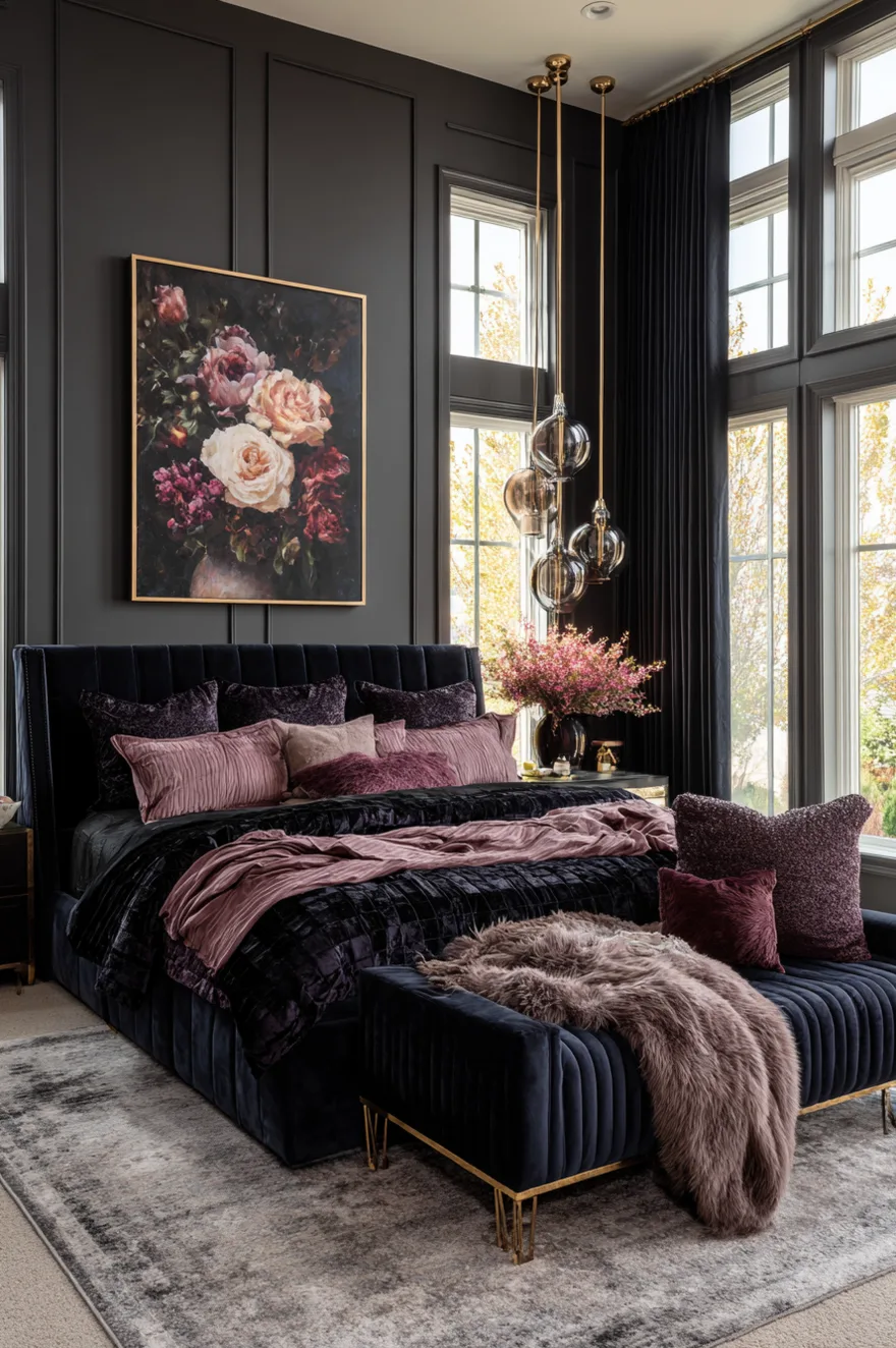 Moody charcoal bedroom featuring a navy blue velvet upholstered bed, large floral art, tiered glass pendant lights, and a mauve faux fur throw.