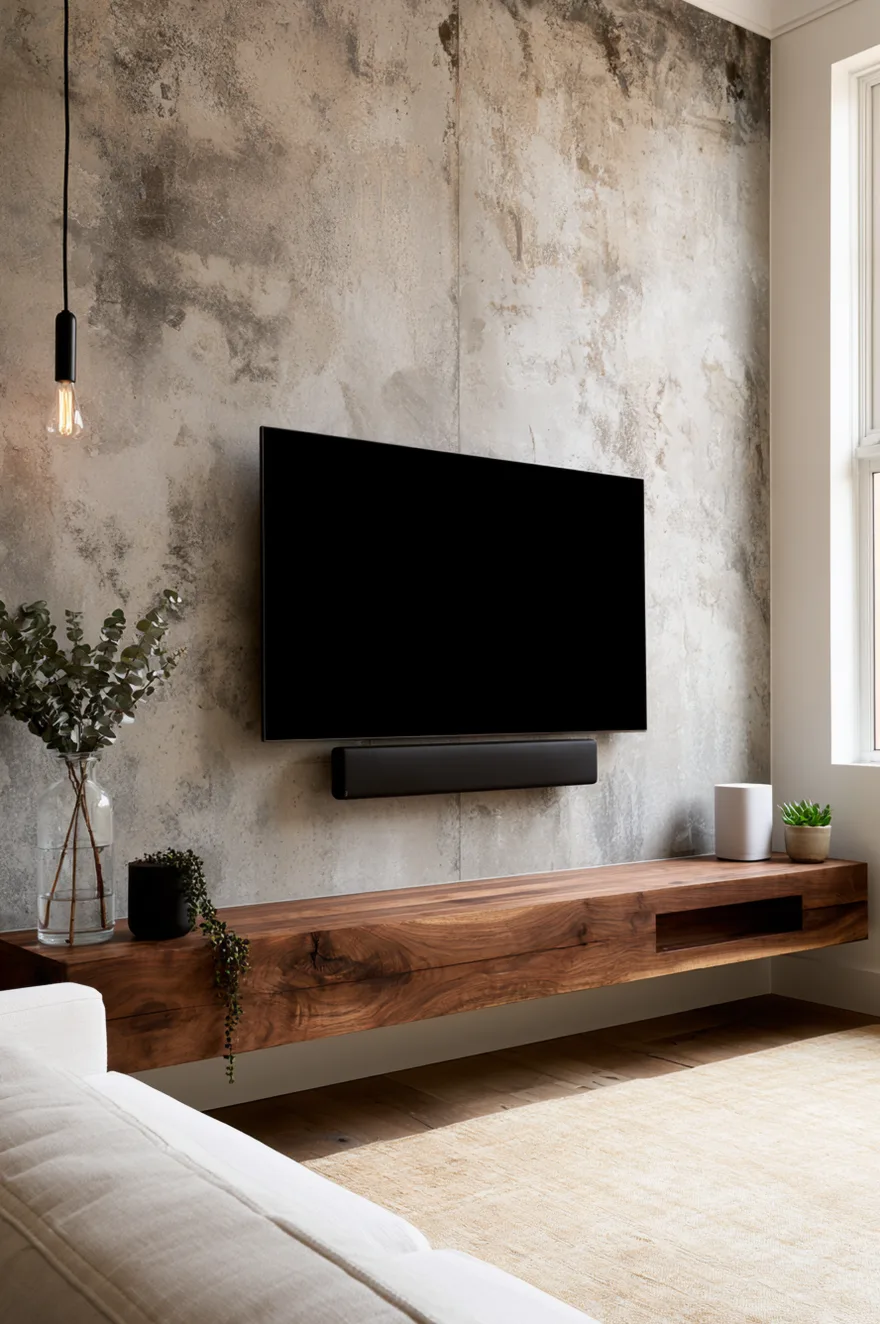 Industrial-style accent wall with raw textured concrete finish panels and a wall-mounted television with a black soundbar underneath. On the left, a single black minimal pendant light with a clear glass Edison filament bulb hangs from the ceiling. Below, a low-profile, long raw wood bench console floats slightly above a light wood floor, supporting a clear glass vase with eucalyptus branches, a trailing string-of-pearls plant in a dark pot, a white smart speaker, and a small succulent. Part of a white linen sofa and a neutral beige rug are visible in the foreground.