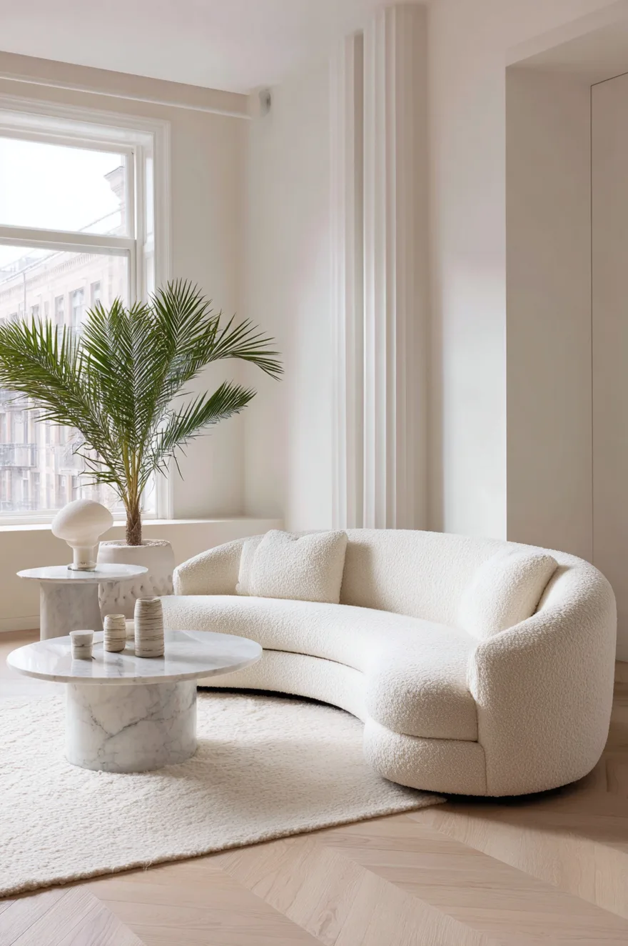 Sculptural curved white sofa anchoring a bright living room with marble nesting tables and a palm plant.