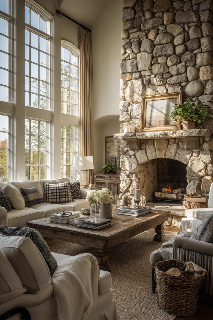A grand, double-height living room featuring a massive floor-to-ceiling fieldstone fireplace. A rustic wood mantel holds a gold-framed painting and a green plant. The room is filled with comfortable neutral seating, a large wooden coffee table, and oversized windows that flood the space with light.