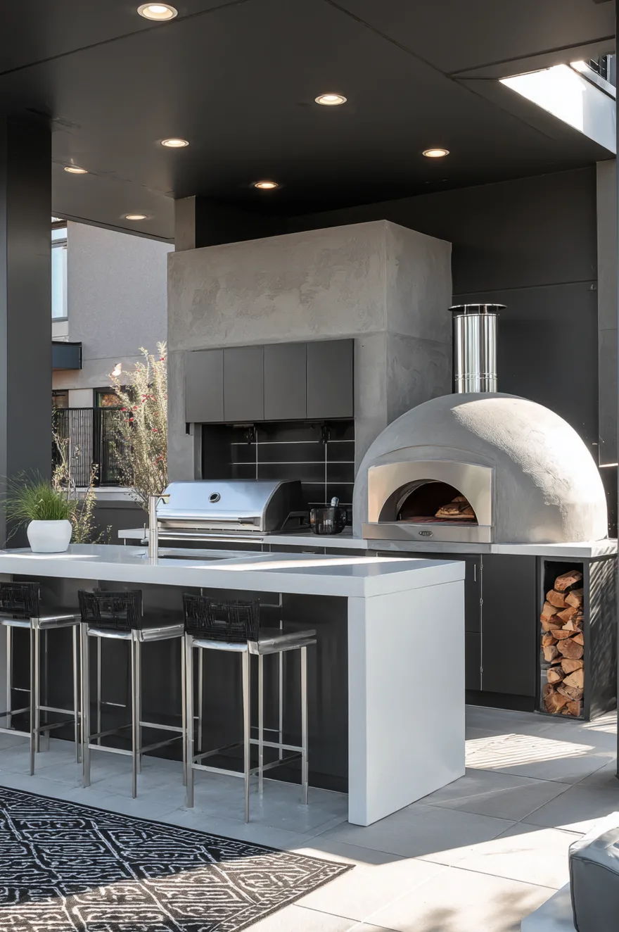 Modern outdoor kitchen with a large dome-style concrete pizza oven, a white quartz island with stainless steel bar stools, built-in grill, and stacked firewood storage.