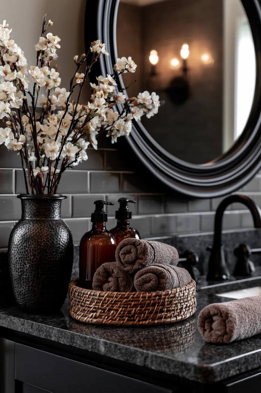 Dark granite countertop and charcoal subway tile backsplash with a round black mirror. A textured black metal vase holds white cherry blossom branches next to amber bottles and a wicker basket with rolled brown towels.