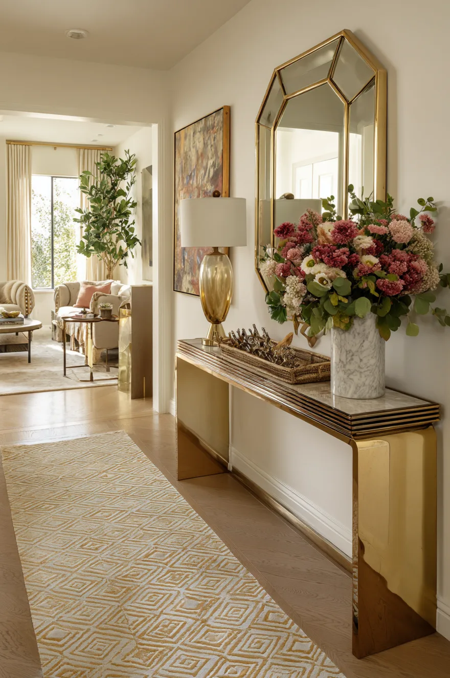Sleek brass console table with a white marble top standing in a bright hallway. An octagonal gold-framed mirror hangs above a white marble vase filled with lush pink and green florals. A white and gold geometric runner rug stretches down the hardwood floor toward a light-filled living room in the background.