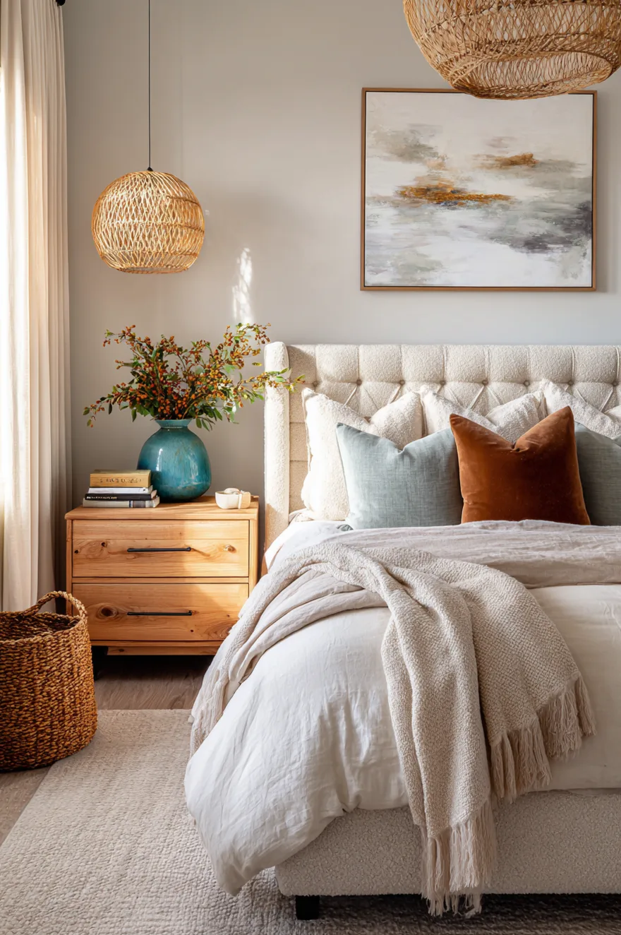 A timeless bedroom design featuring a beige textured headboard, a mix of light blue and rust pillows, and a blue ceramic vase on a light wood nightstand.