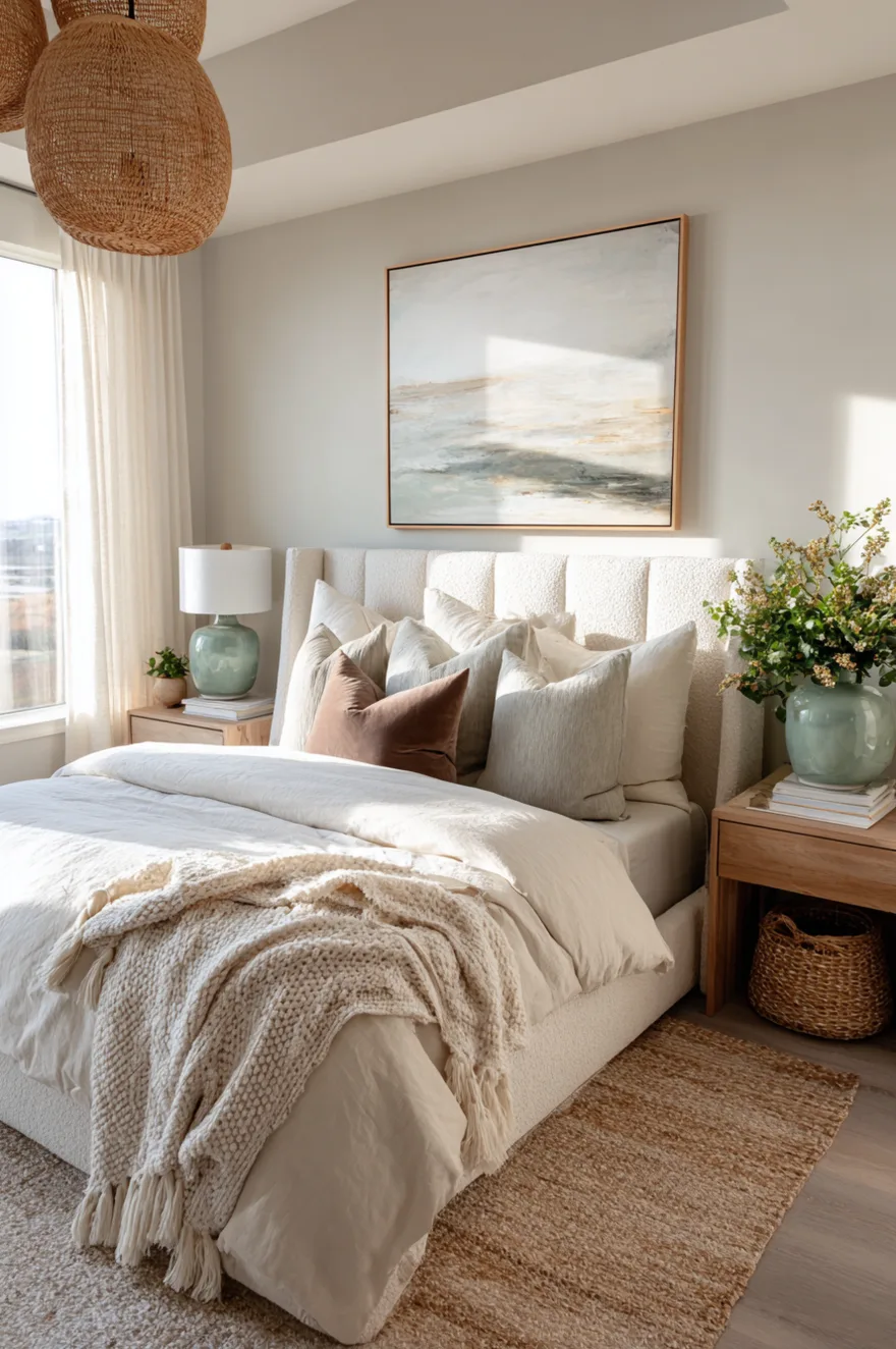 Light-filled bedroom showcasing a beige channel-tufted headboard, an assortment of neutral and rust pillows, and a pale green bedside lamp.