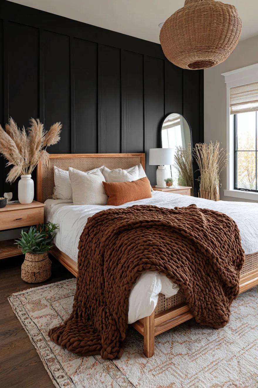 A farmhouse style bedroom featuring a black vertical board and batten wall, a woven rattan bed frame, a chunky brown knit blanket, and a large woven basket pendant light.