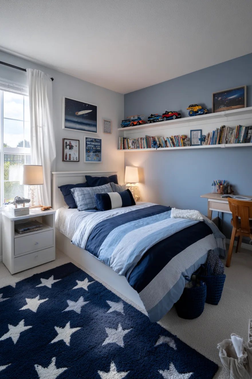 A bright and airy boys bedroom painted in a soft, light blue. A white bed with a textured grey blanket sits beneath a large window, next to a modern white nightstand and a brass reading lamp.