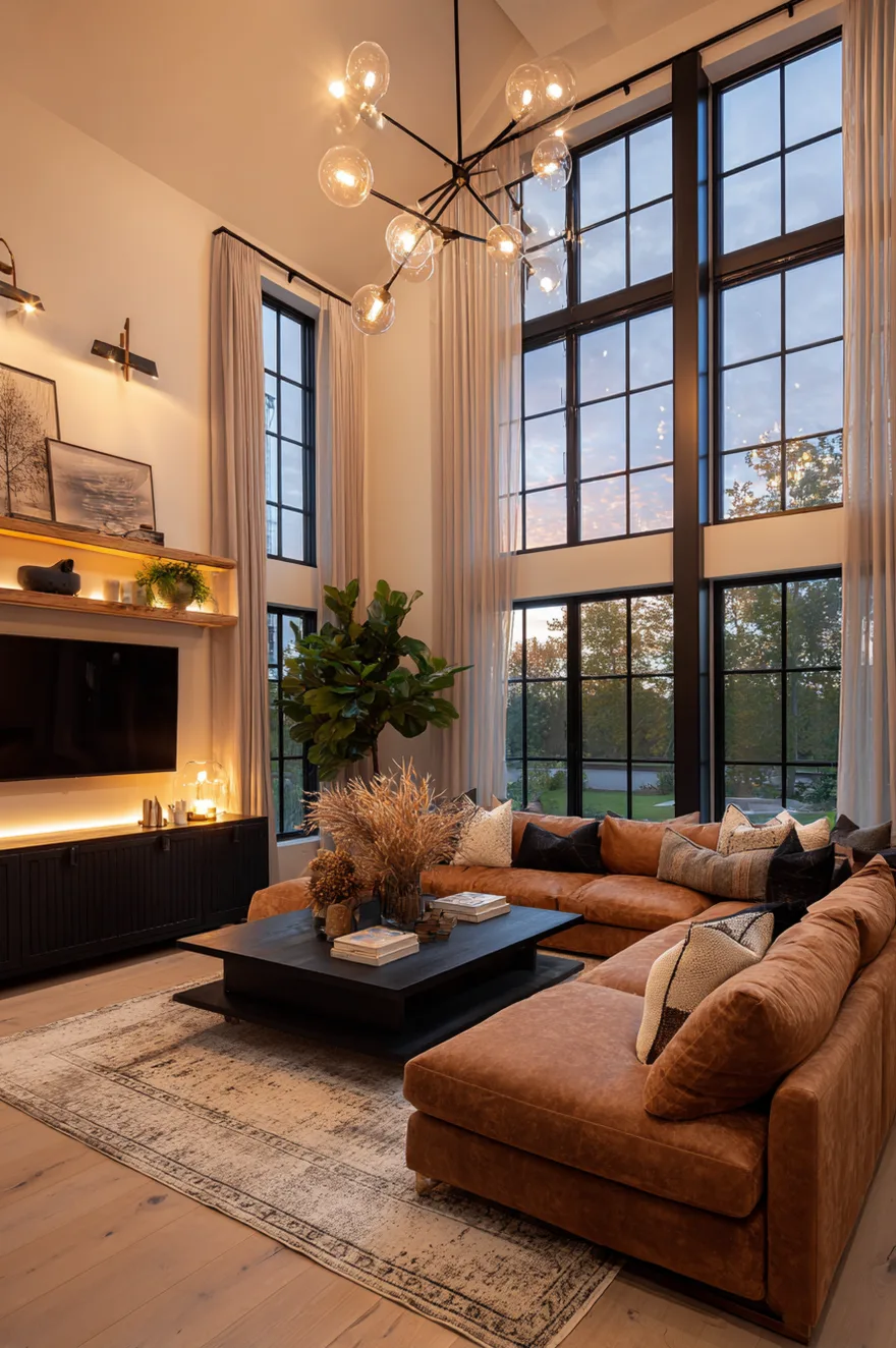 A spacious living room with high ceilings, tall windows with light curtains, a warm brown sofa, and a large modern brass chandelier hanging in the center.
