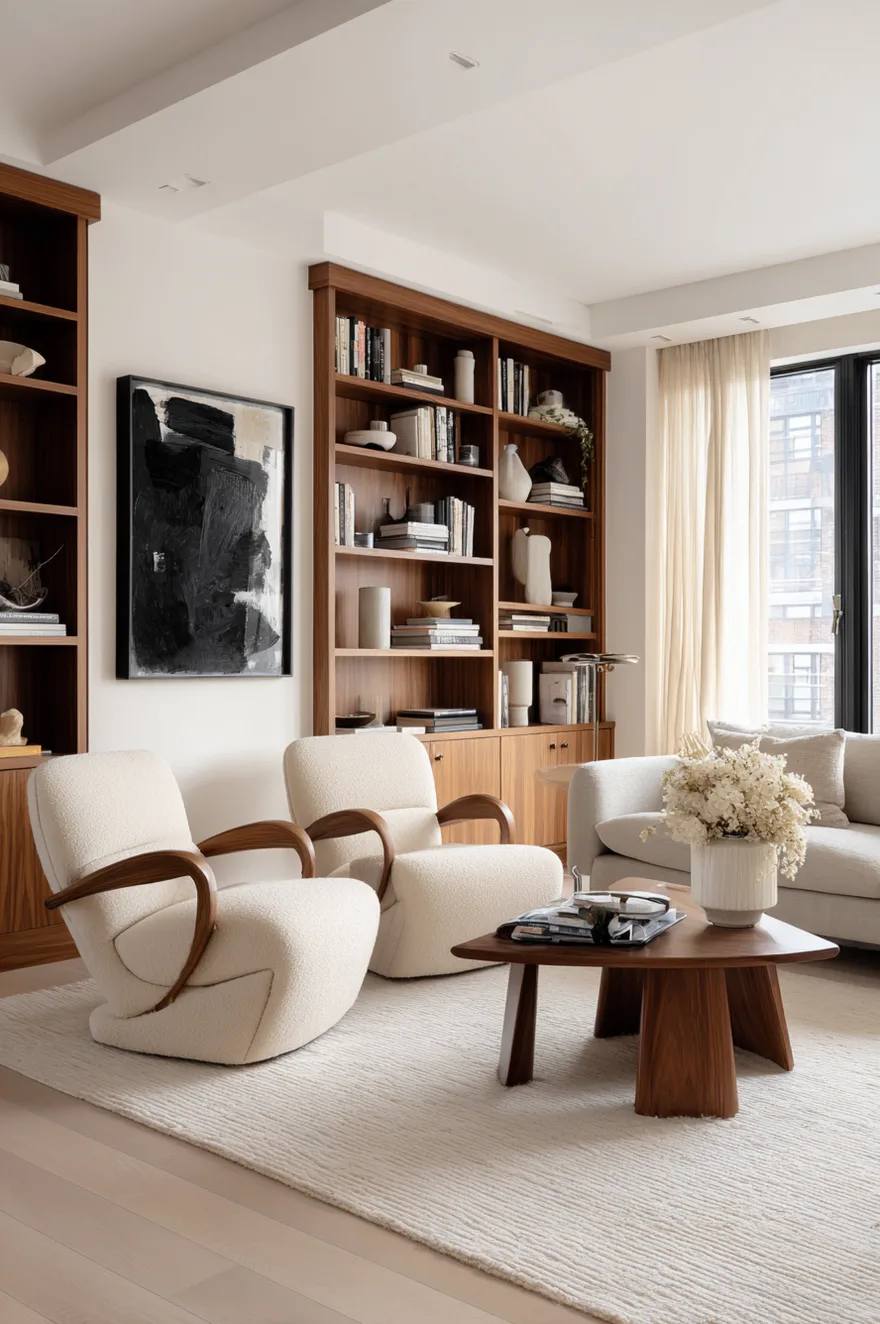 A modern living area with tall, built-in wooden shelving filled with books and sculptural objects. Two curved white bouclé chairs face a unique, angular wooden coffee table resting on a ribbed white area rug.