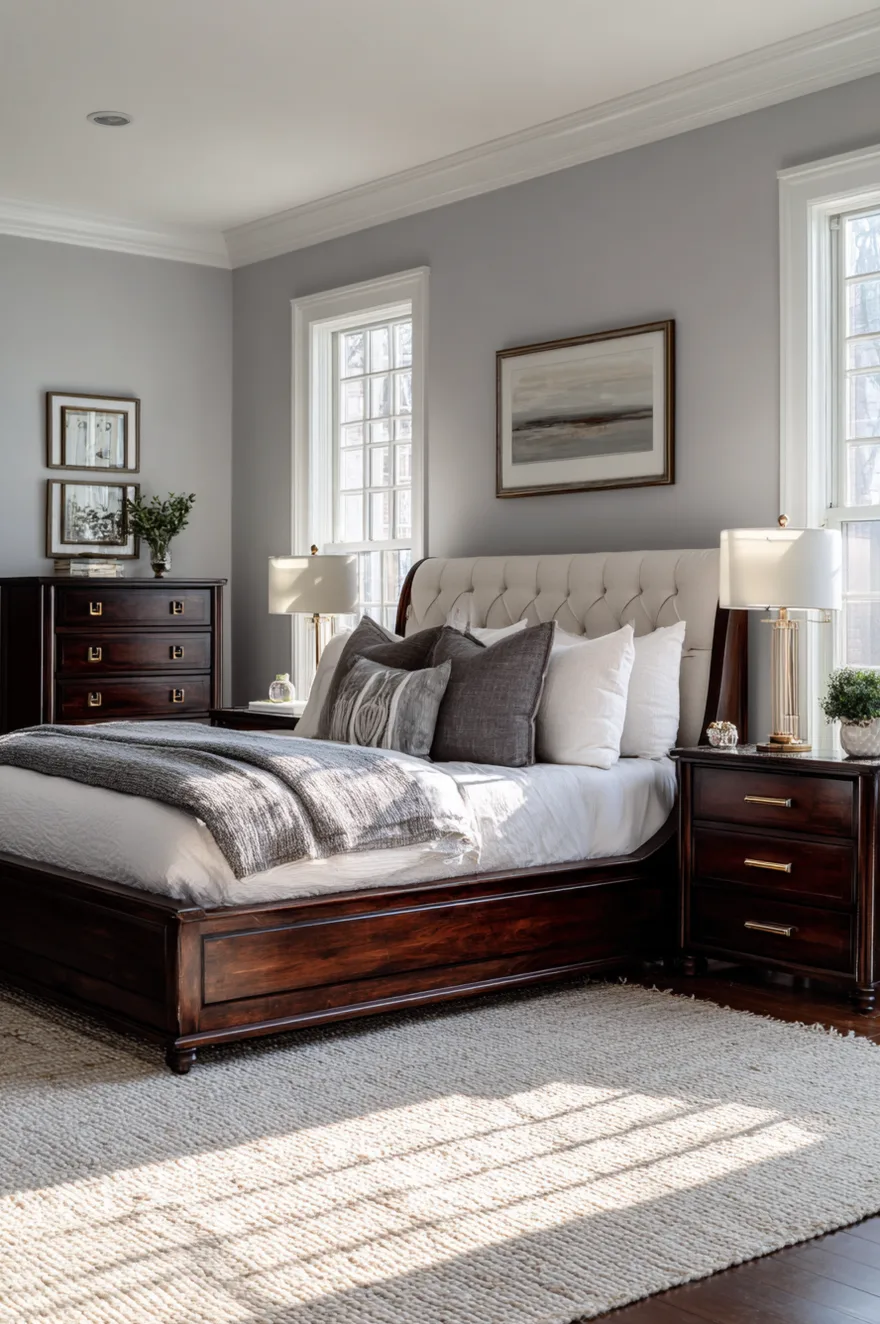 Traditional master bedroom with light grey walls and dark mahogany wood furniture, including a bed with a cream tufted headboard, nightstands, and a tall dresser. The bed is layered with white sheets, dark grey pillows, and a grey blanket. Elegant glass table lamps sit on the nightstands next to a large window.