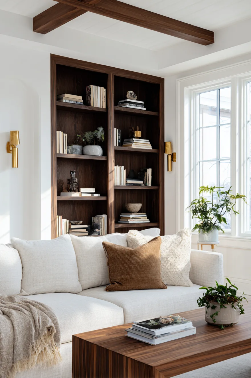 A bright living room centered around a large built-in bookshelf made of rich, dark walnut wood, filled with books and small plants. A white linen sofa sits in front of the shelving, accented with a warm brown corduroy pillow. Gold wall sconces flank the dark wood built-ins, and dark wood beams cross the white ceiling.