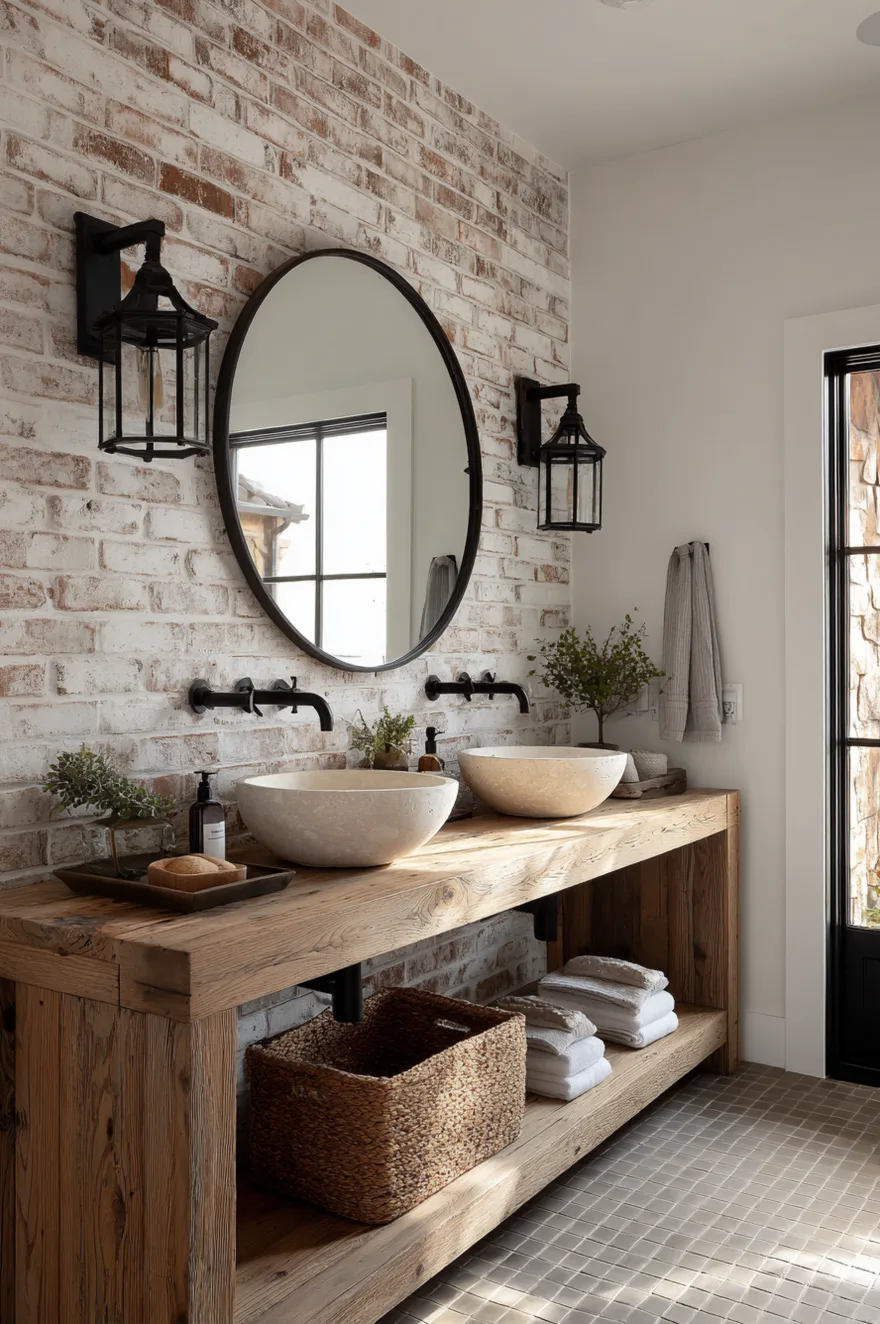 A bathroom featuring a heavily textured white distressed brick wall behind a rustic, thick-cut wood double vanity table. Two light stone vessel sinks are paired with matte black wall-mounted faucets, black wall sconces, and a large round black mirror.