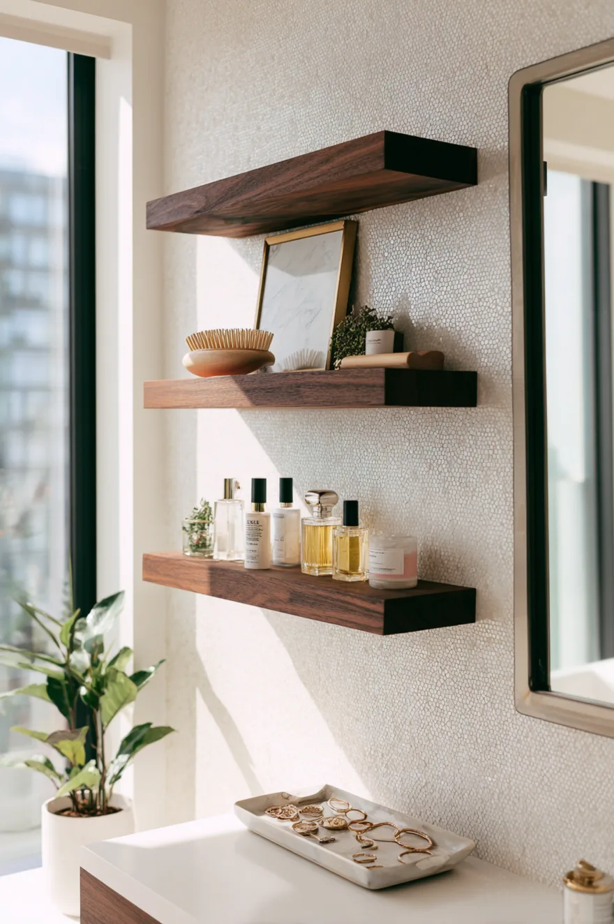 Three narrow dark wood floating shelves mounted on a textured white wall beside a mirror. The shelves display a wooden hairbrush, a framed art print, several glass perfume bottles, and a pink candle. On the white counter below, a rectangular marble tray holds an assortment of gold rings and bracelets.