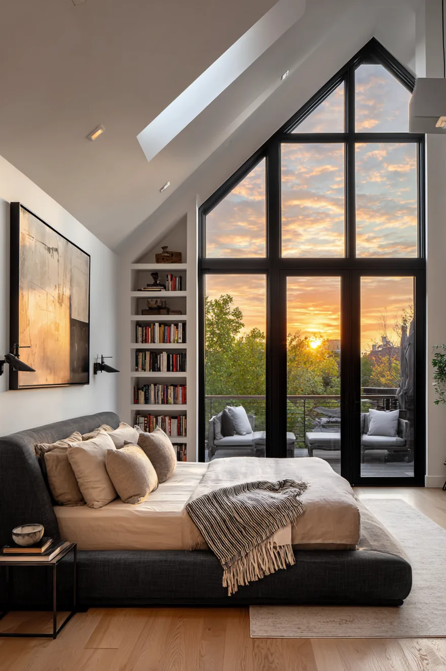 A bright modern bedroom featuring a dramatic slanted ceiling that transitions into massive black-framed floor-to-ceiling windows looking out at a sunset. The room includes a low grey bed, a white wall with built-in bookshelves, and an outdoor balcony seating area visible through the glass.