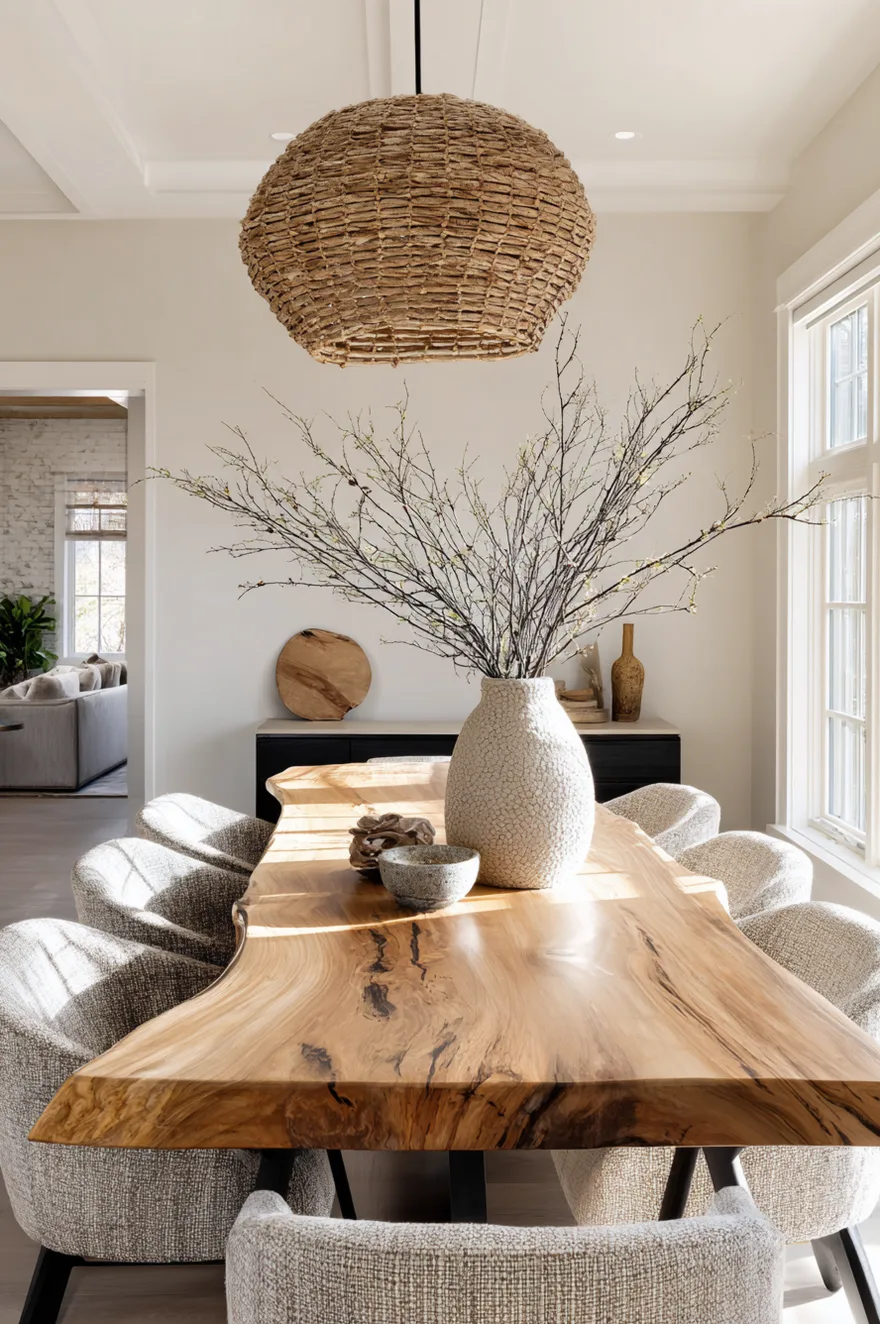 Large live edge oak dining table with a sleek metal base paired with modern black chairs.