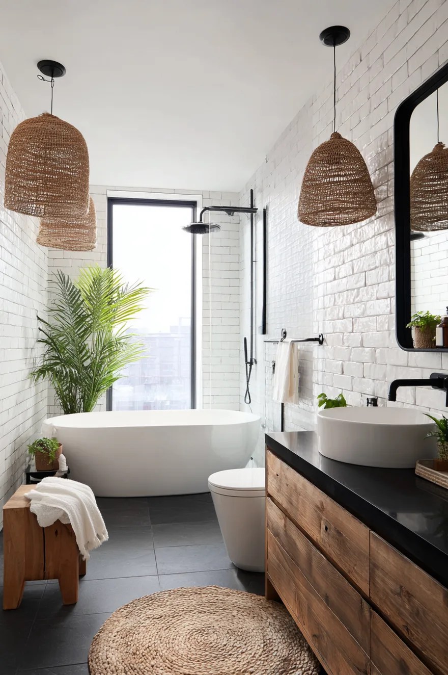 A long, narrow bathroom featuring textured white subway tile on the walls and dark grey floor tiles. A large white freestanding bathtub sits in front of a tall window. Two large woven pendant lights hang above a dark wood vanity with a black countertop and a white vessel sink. Matte black fixtures are used throughout.